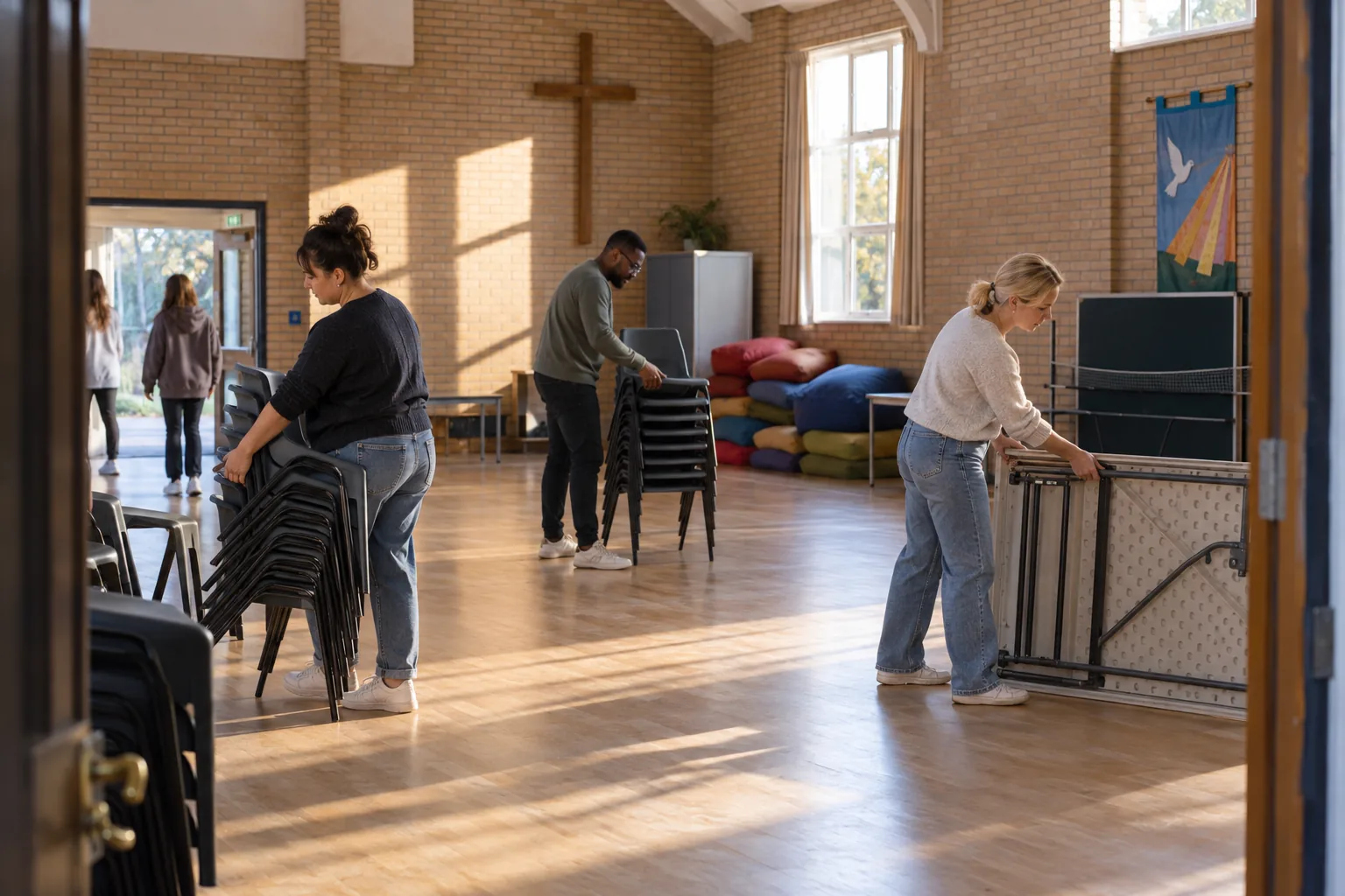 Volunteers stacking chairs and folding tables after a Sunday youth group in a modern brick church hall, seen from the doorway in late afternoon light