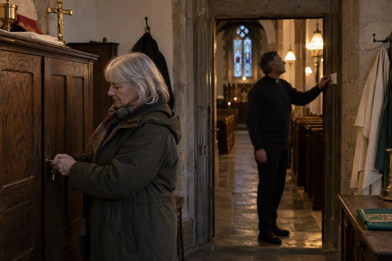 A churchwarden in a winter coat locks the vestry cupboard of a stone parish church while the vicar switches off the lights in the nave behind her