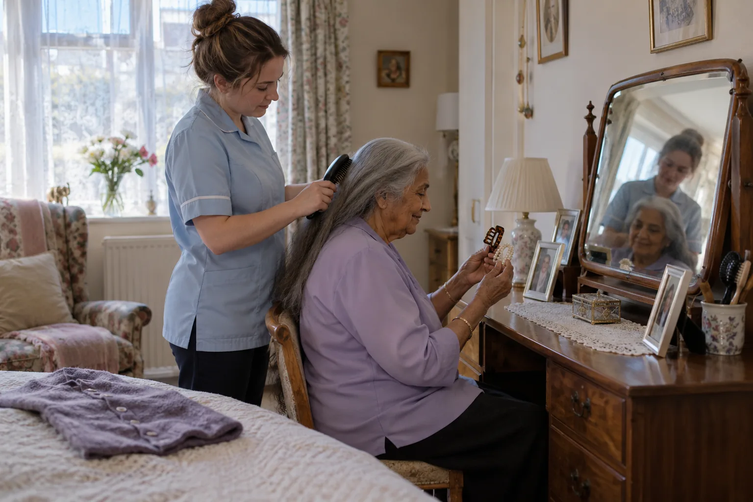 A care worker gently brushes an older woman’s hair at the dressing table in her care home bedroom, the woman holding up two hair clips to choose which to wear