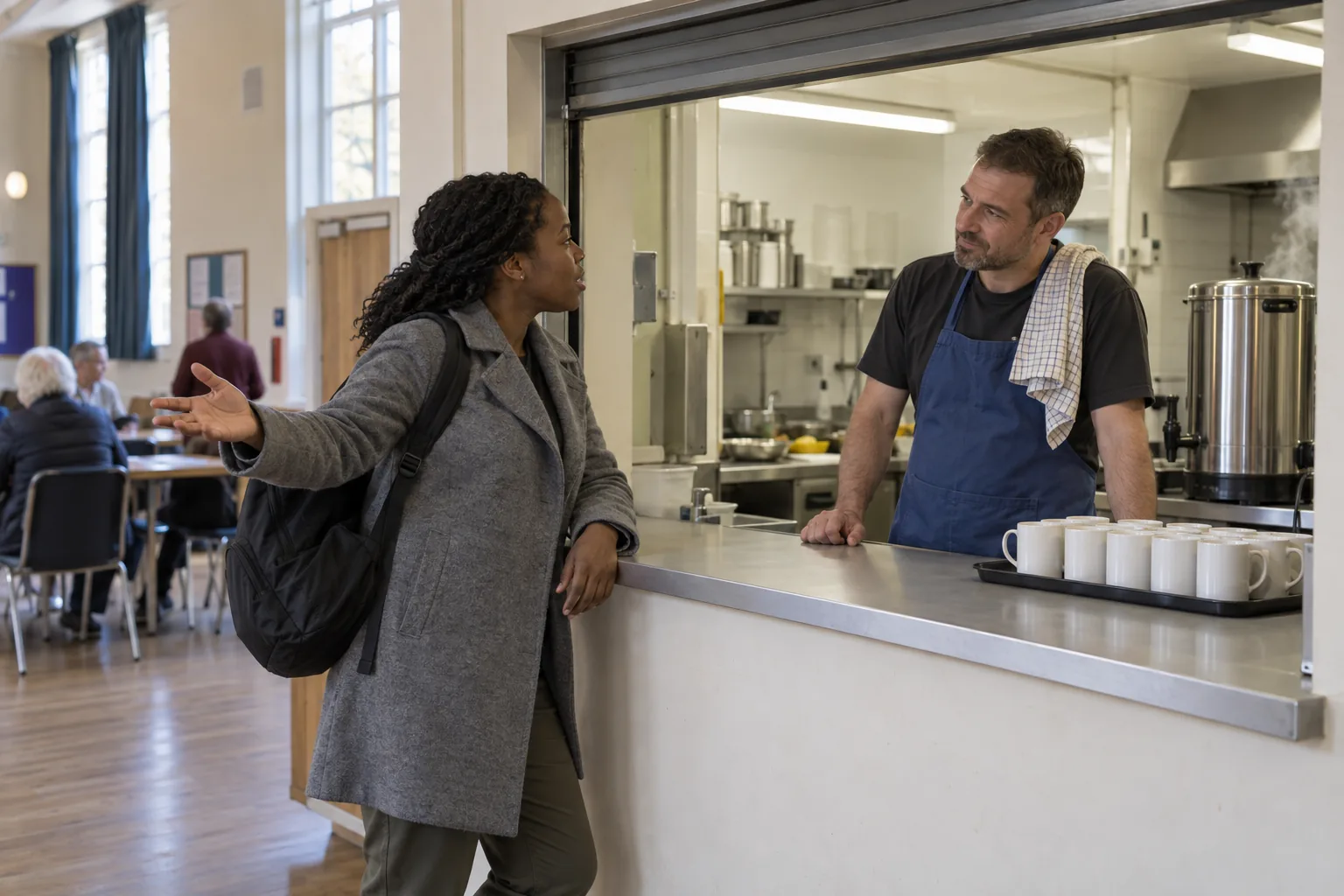 A volunteer coordinator at a community centre kitchen hatch listens to a visitor over the counter while a tea urn steams behind him