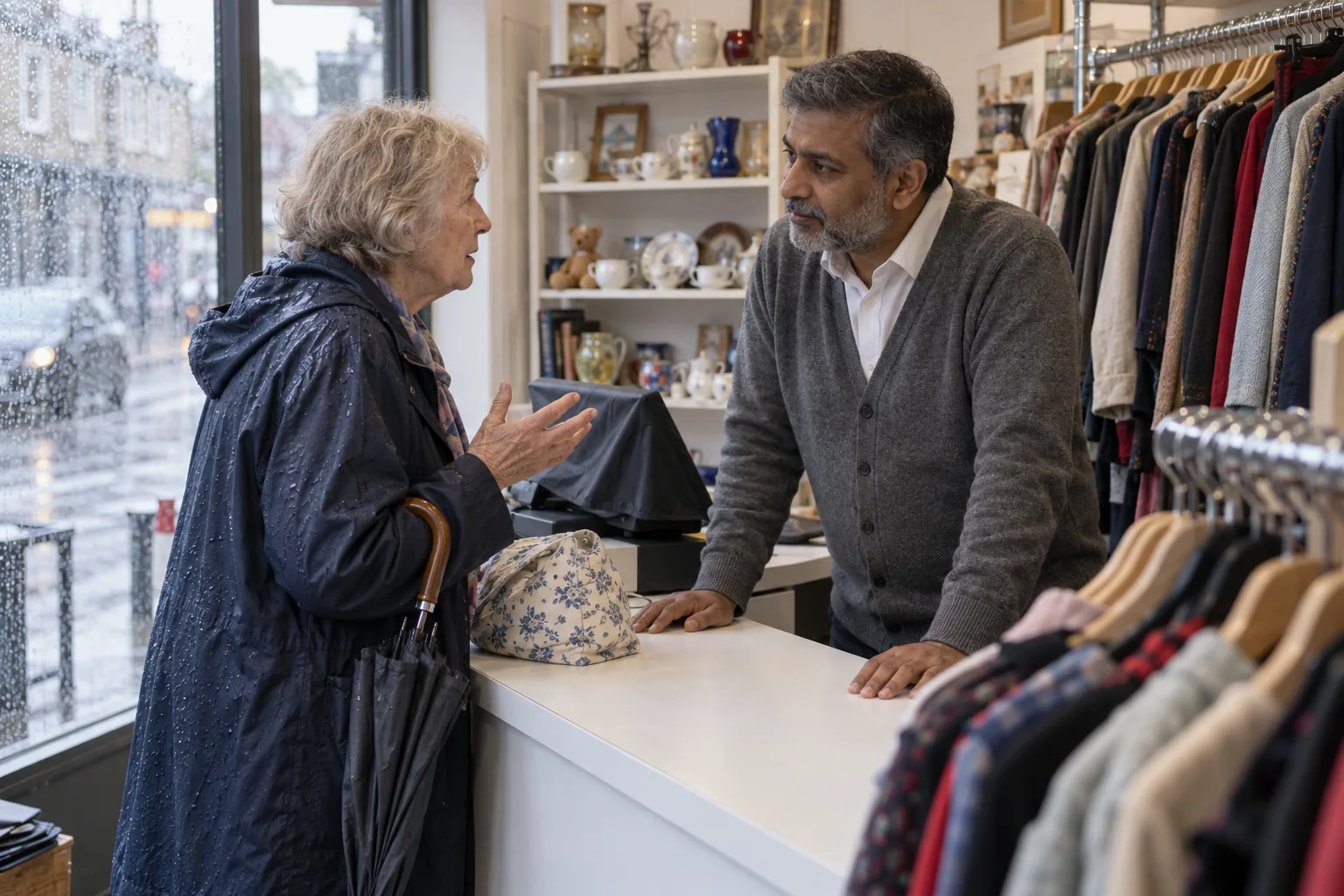 A charity shop manager at the counter listens to an older customer on a wet afternoon, rails of donated clothes behind them