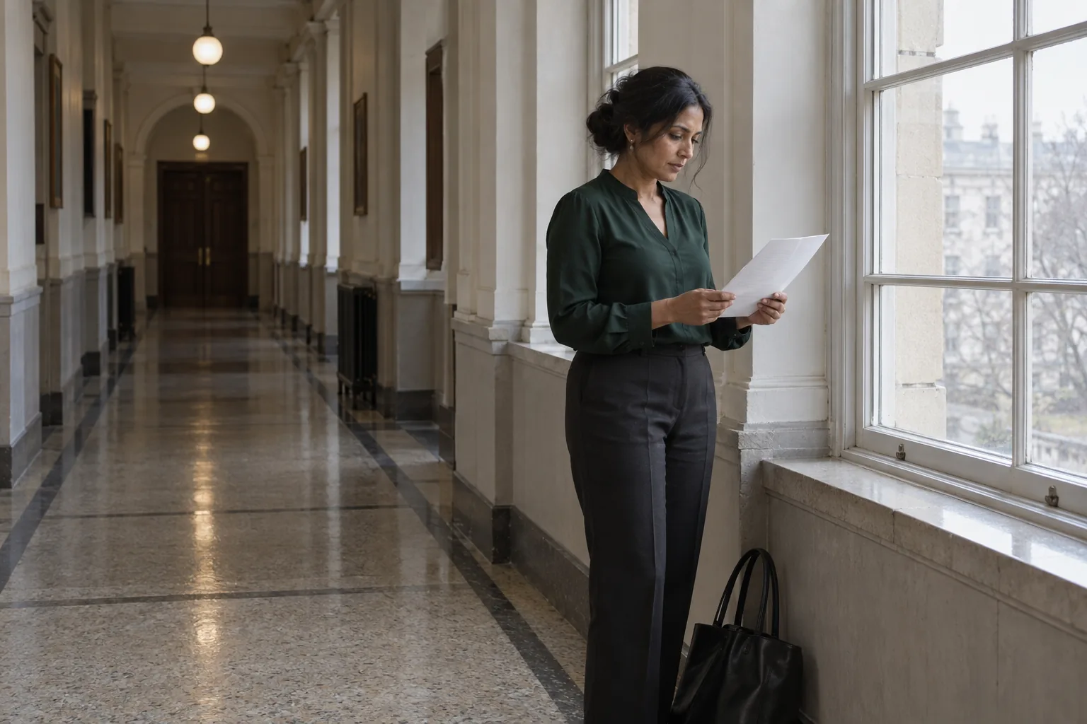 A board member stands alone by a tall window in the corridor of a civic building, reading a single printed page