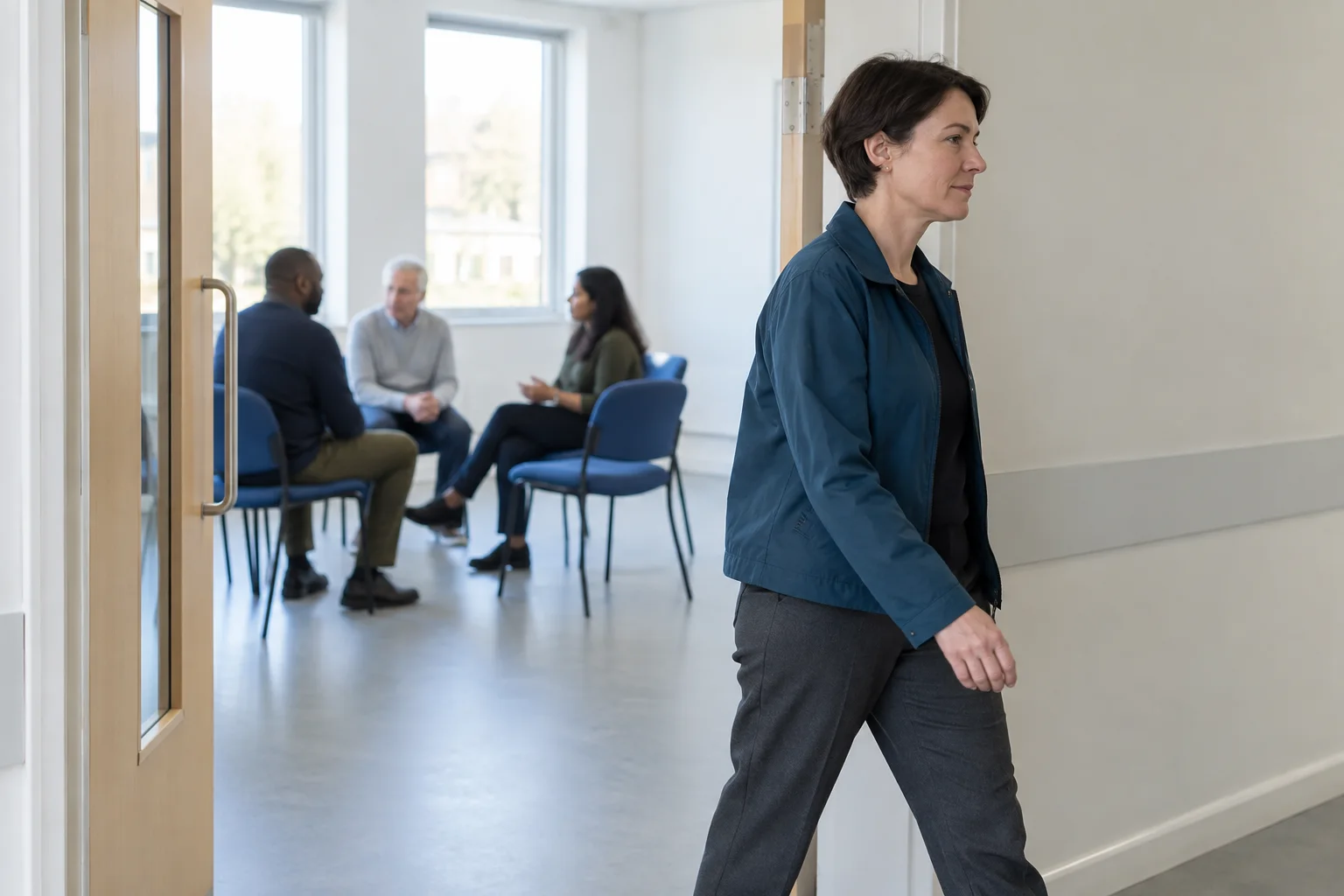 A woman leaving a meeting room while colleagues continue their discussion.