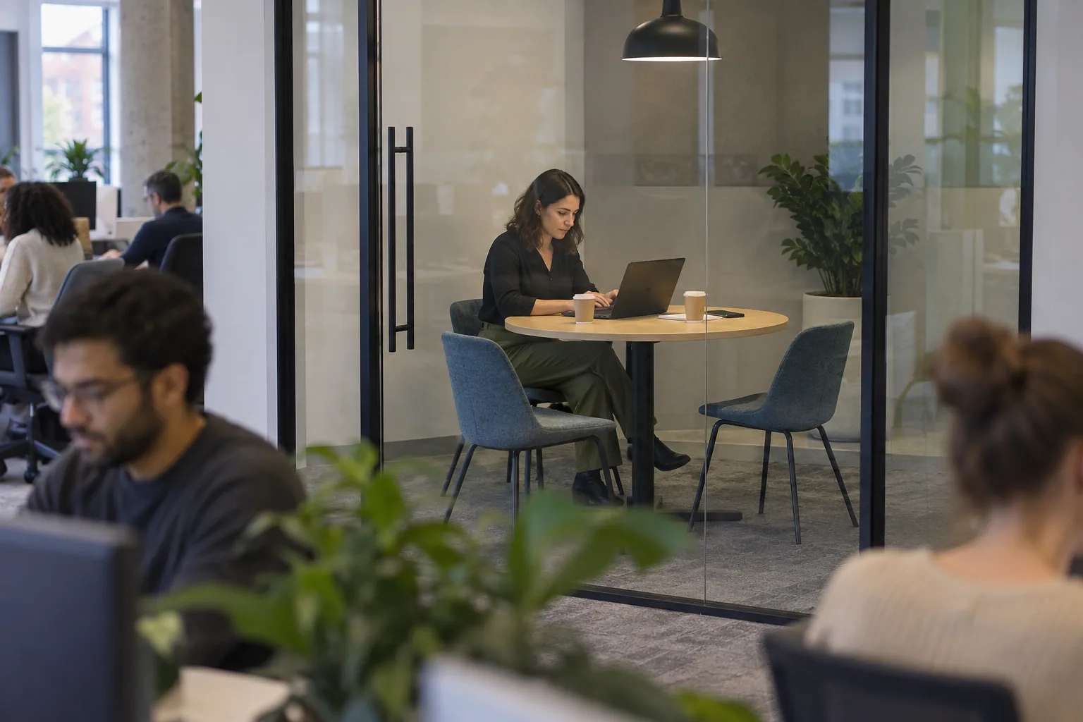 An HR adviser types on a laptop in a glass-walled meeting pod moments after a meeting, the other two chairs just vacated and their coffee cups still on the table