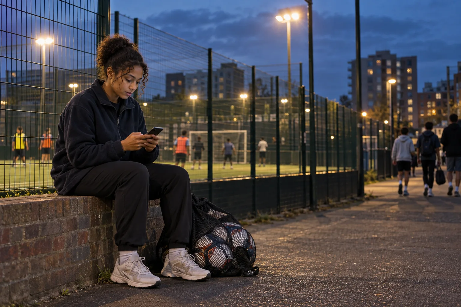 A youth worker sits on a low wall outside a floodlit five-a-side football cage in the evening, typing a note on her phone as the session ends