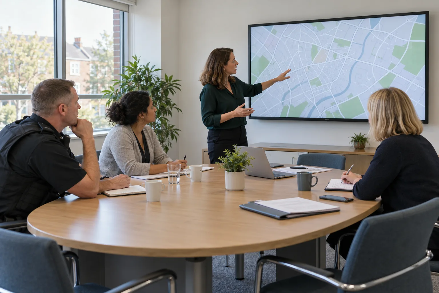 A multi-agency meeting in a council meeting room with tall windows, where a uniformed police officer, a social worker and a school's designated safeguarding lead sit around an oval table facing a wall screen showing an unlabelled street map with coloured shaded areas, as a woman standing beside the screen speaks to the group
