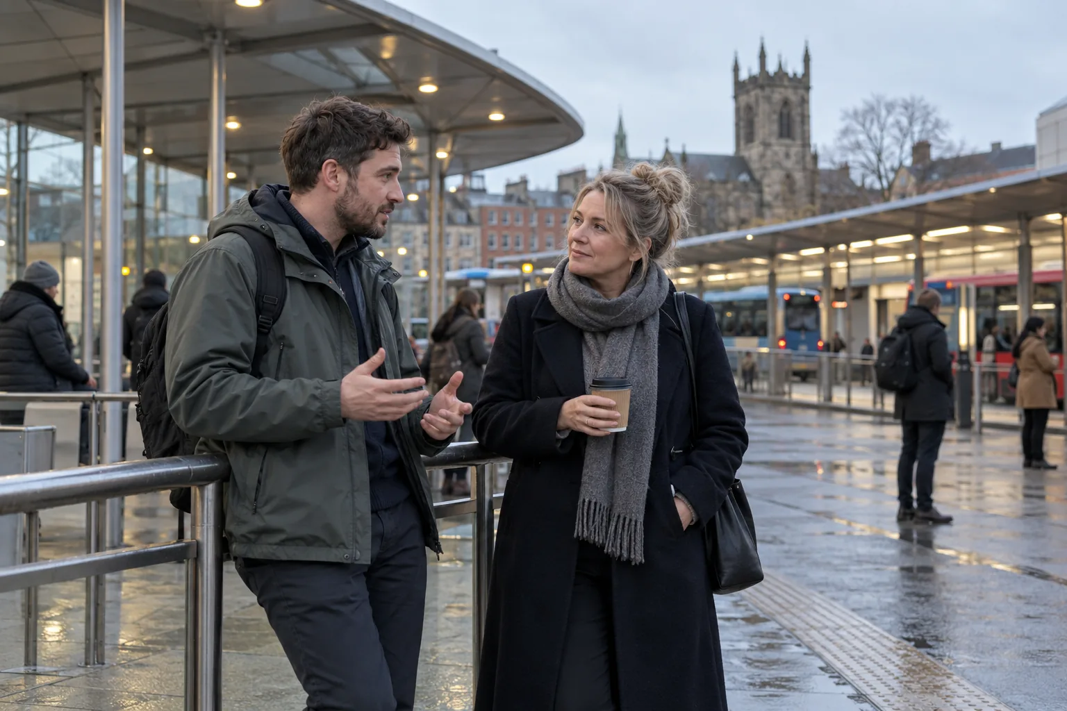 A town-centre bus interchange in England on a grey late afternoon, a few commuters waiting at a distance under the glass canopy, while a youth worker in a plain waterproof jacket and a secondary school pastoral lead in a dark coat stand talking by a railing, one gesturing towards the shelters