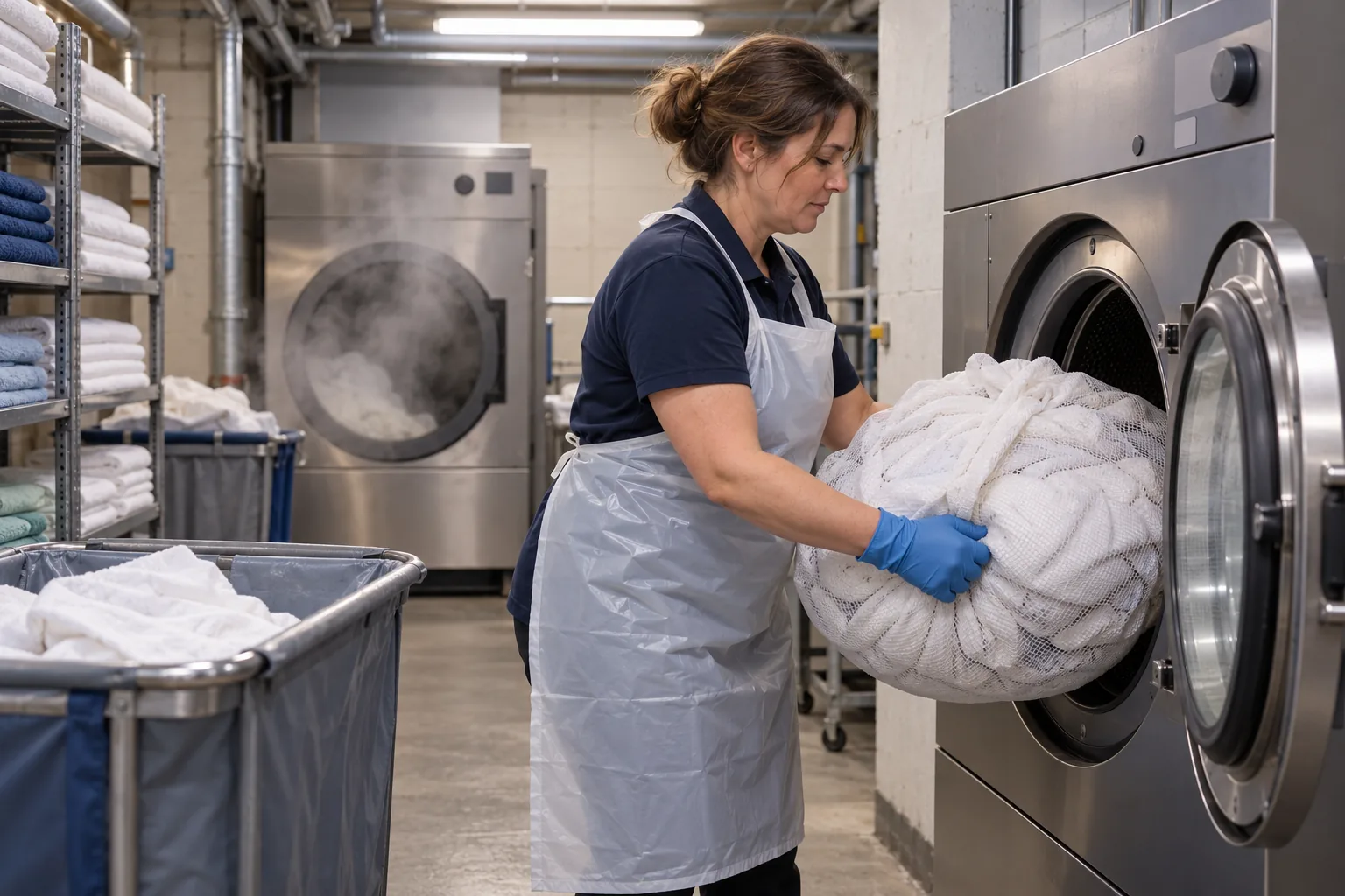 In the basement laundry of a care home, a laundry assistant in a plastic apron and gloves lifts a bagged bundle of linen into the drum of an unbranded industrial washing machine, steam rising from a dryer behind her and folded towels stacked on a steel shelf