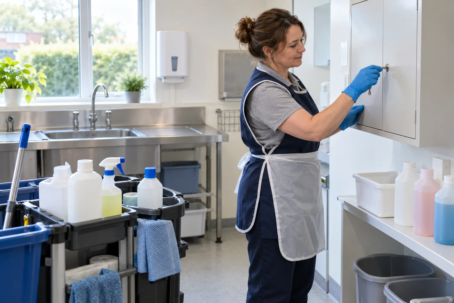 In the bright sluice room of an English care home on a weekday morning, a housekeeper in a tabard, apron and nitrile gloves turns the key in a wall-mounted chemical cupboard, her cleaning trolley beside her and the bottles on its shelves turned so that no label can be read