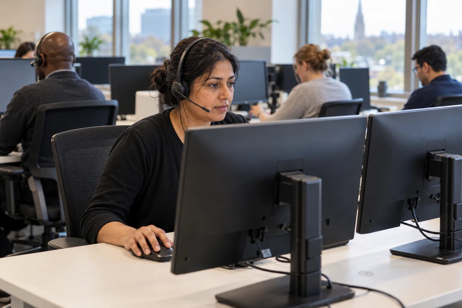 A council customer service adviser in a headset answers a resident's message at a two-screen desk