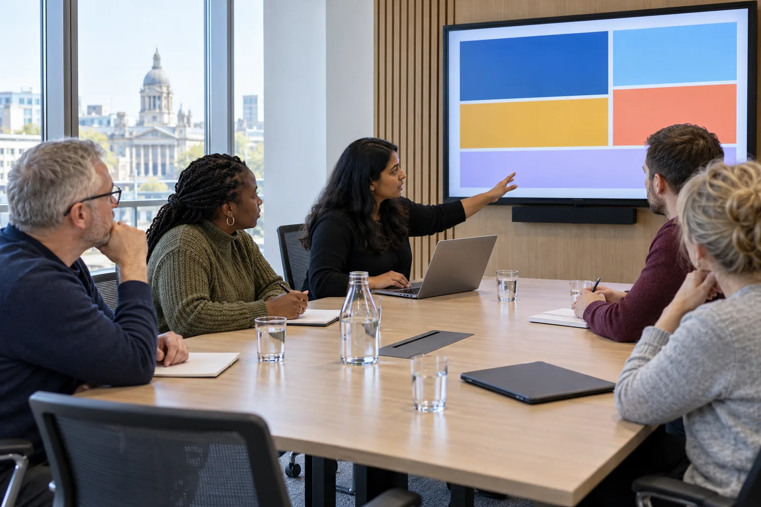 A council information governance group meets around a table while one member presents from a laptop