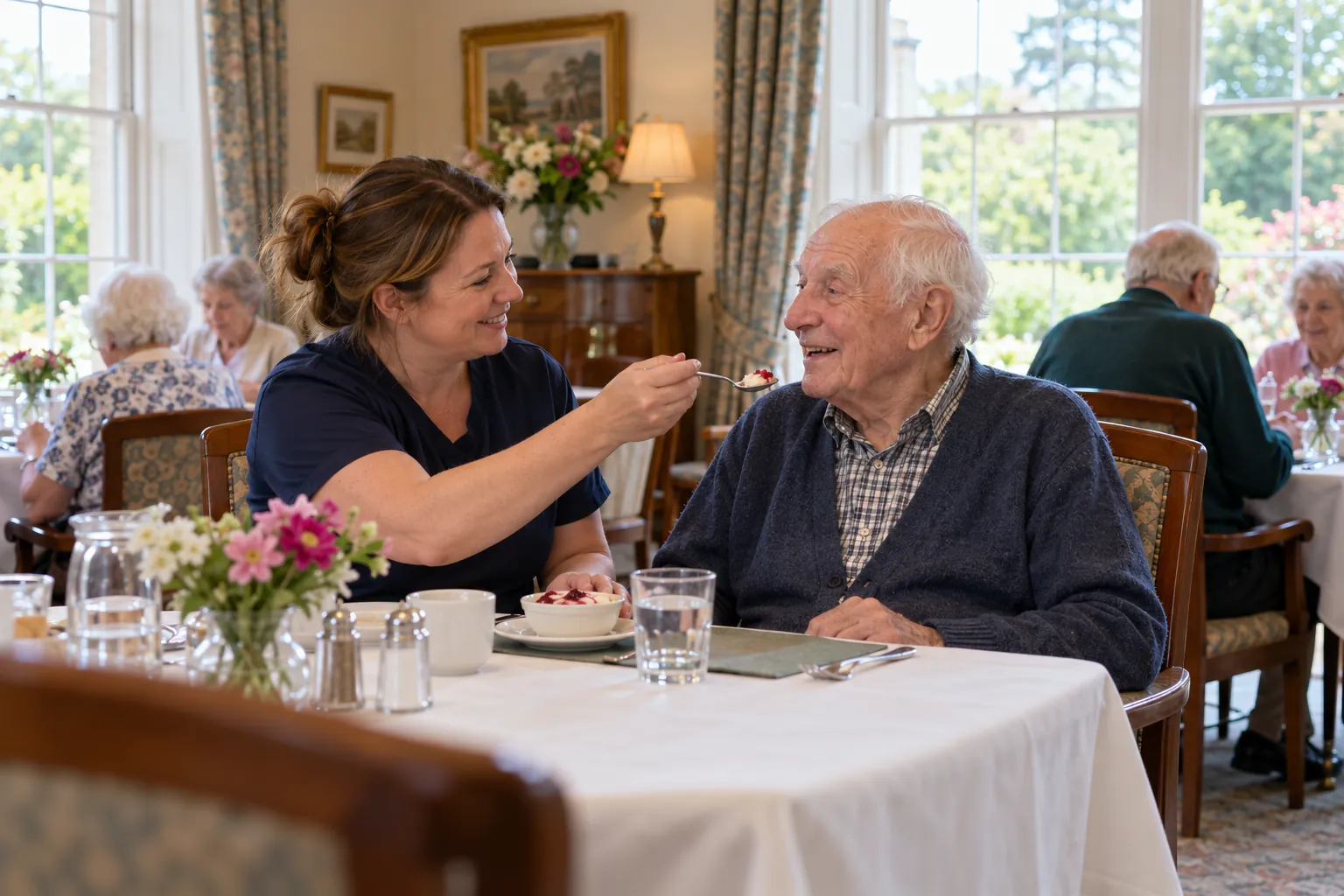 At lunchtime in a care home dining room with tall sash windows, a care worker sits at eye level beside an older man at a laid table, offering him a spoonful of pudding while he smiles and talks