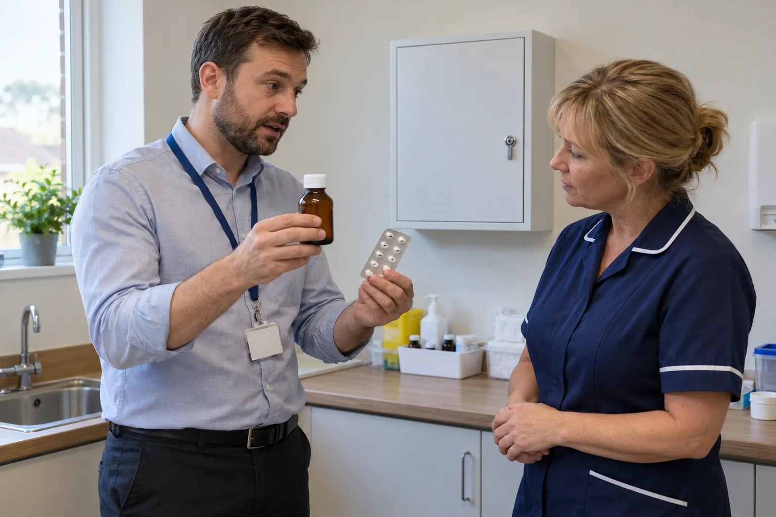In the small treatment room of a nursing home, a community pharmacist holds up a bottle of liquid medicine beside a blister strip to show a nurse an alternative to crushing a tablet, a locked medicines cabinet on the wall behind them
