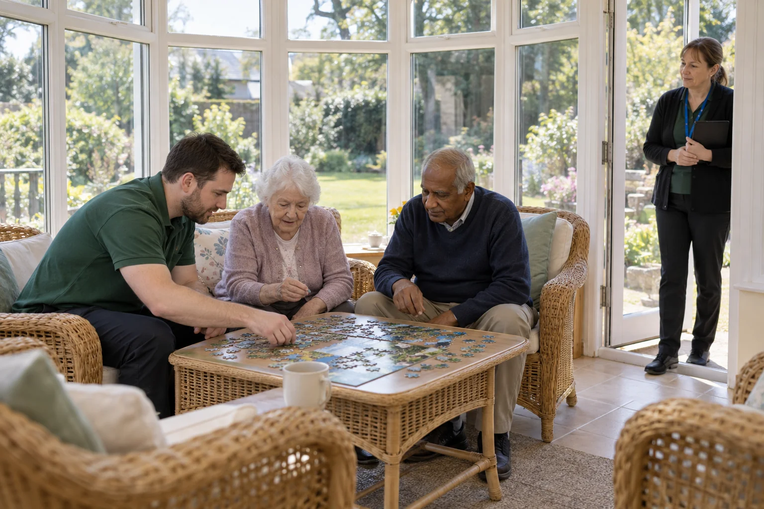 An activities worker and two residents work on a jigsaw while a visitor observes