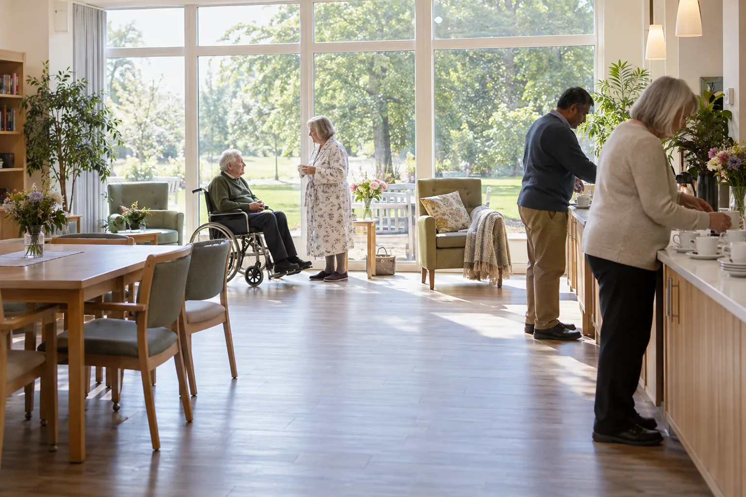 Seen from the far end, a hospice day room at midday: volunteers setting out cups on a long counter while two patients talk by tall windows overlooking a lawn