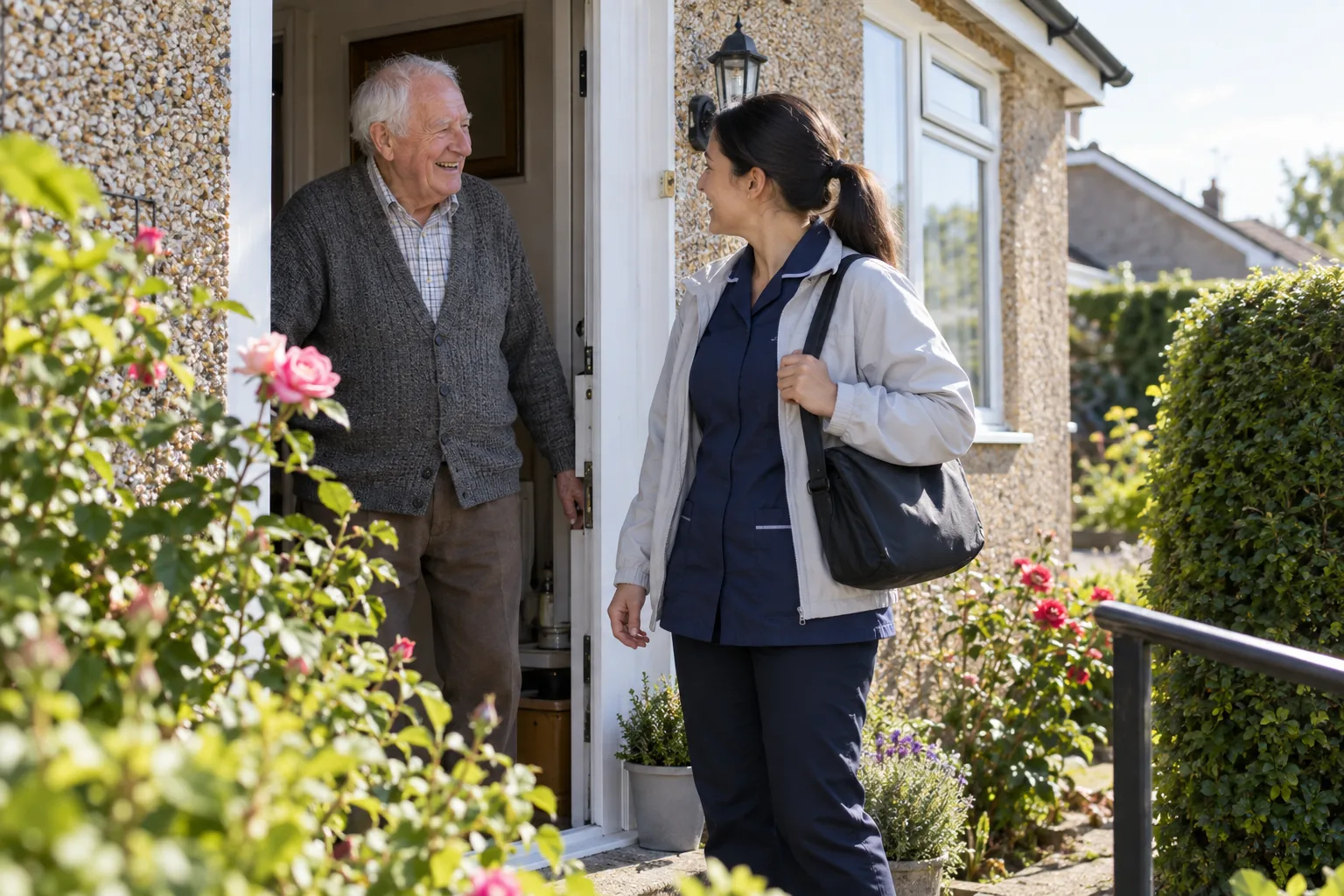 An older man in a cardigan and a care worker share a joke at the front door of a bungalow on a sunny morning, the care worker's small bag over her shoulder, a neat front garden behind them