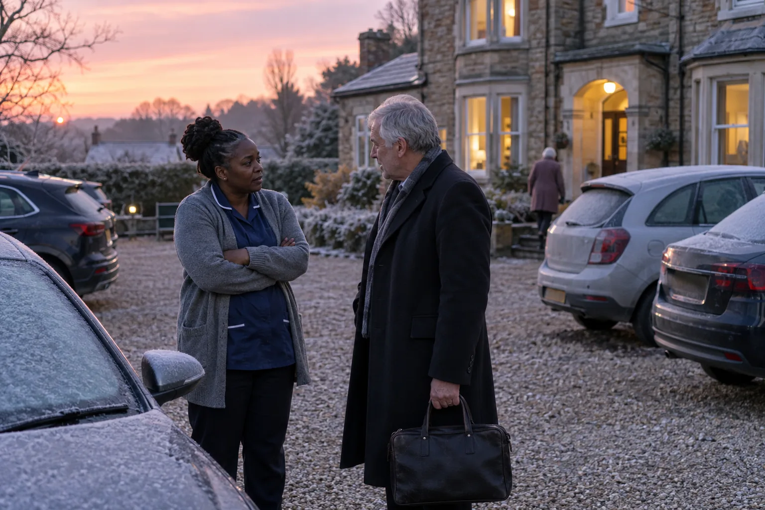At dawn, a registered manager and a GP in a long coat talk quietly in the small car park of a care home, the GP holding his bag