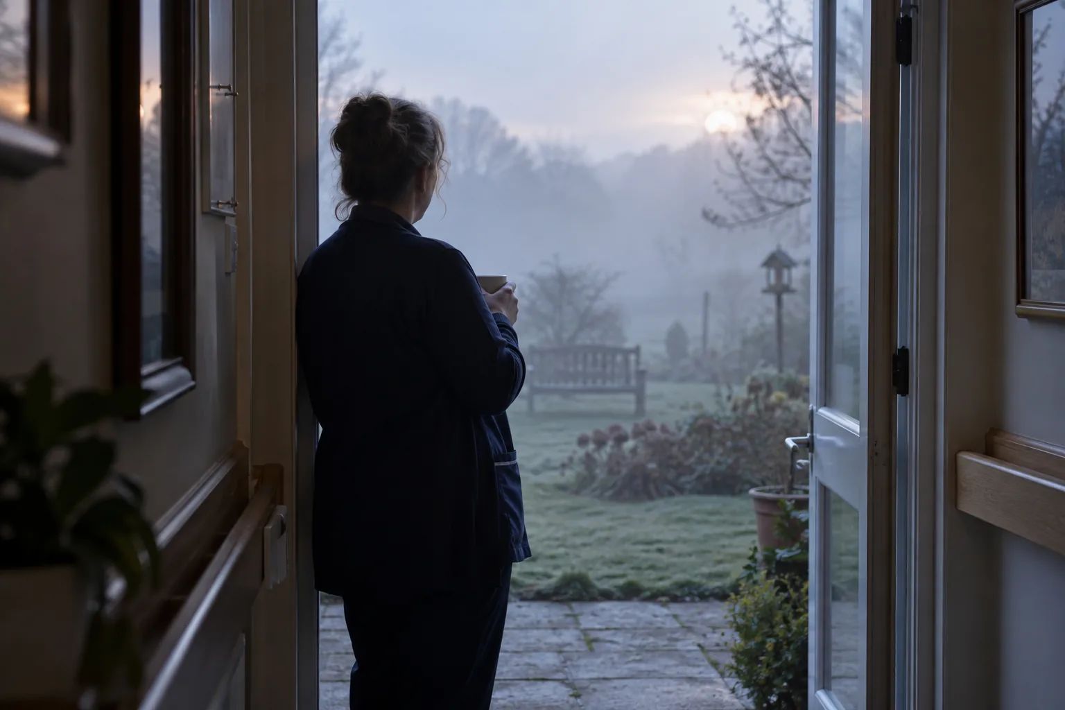 At first light, a senior carer stands at the open back door of a care home looking out over a misty garden, a mug in her hand