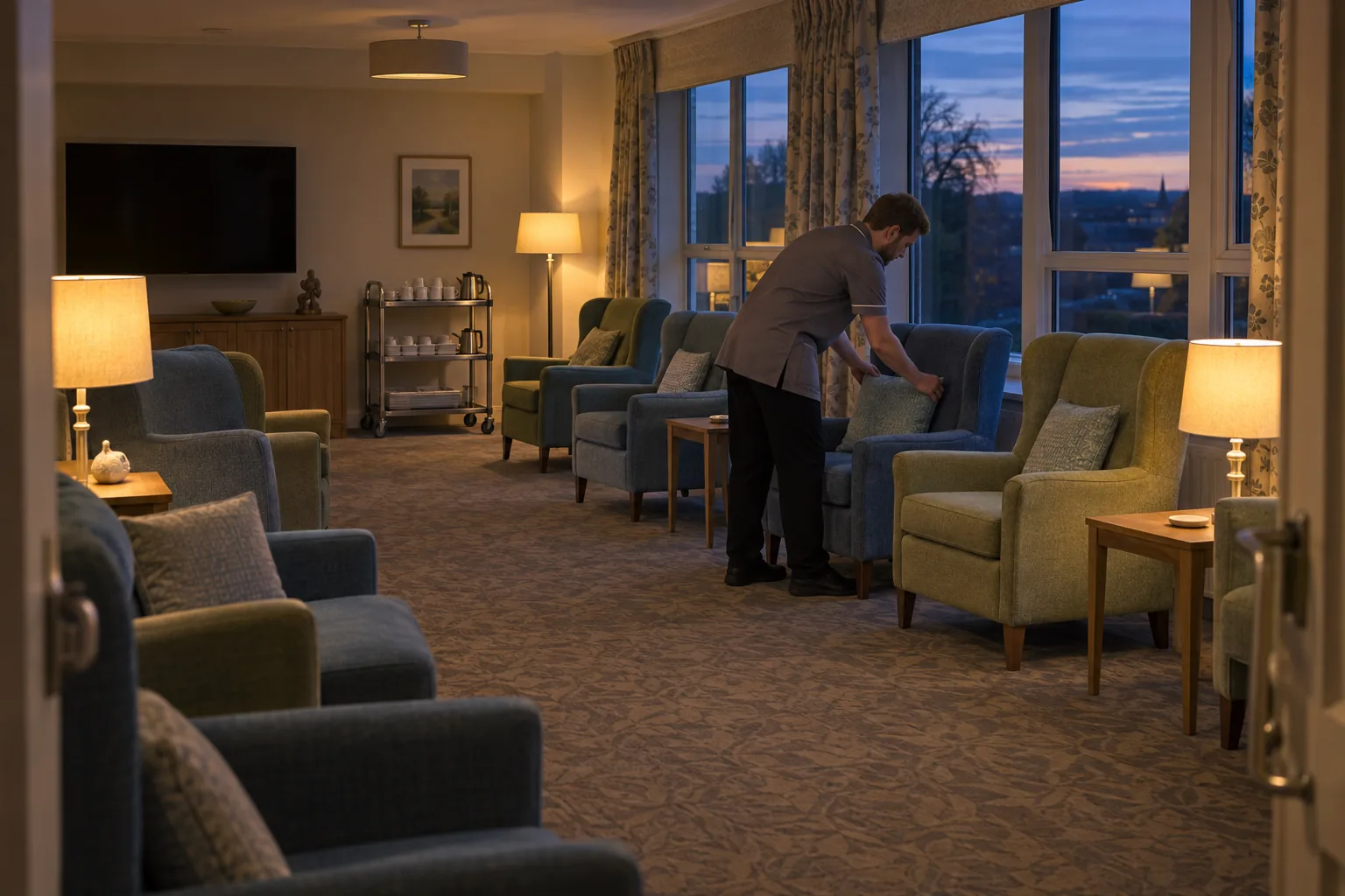 An empty care home lounge at dusk, lamps lit, a senior carer straightening a cushion on one of the armchairs
