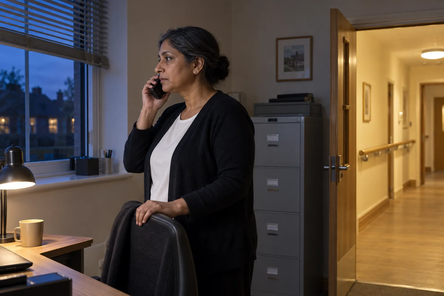 A registered manager stands at the window of a care home office in the early evening, desk phone to her ear, the lit corridor behind her