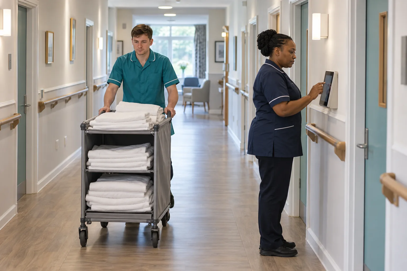 A care worker wheels a linen trolley along a bright care home corridor while a colleague checks a wall-mounted tablet