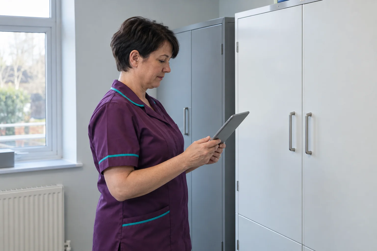 A care manager using a tablet beside closed records cabinets.