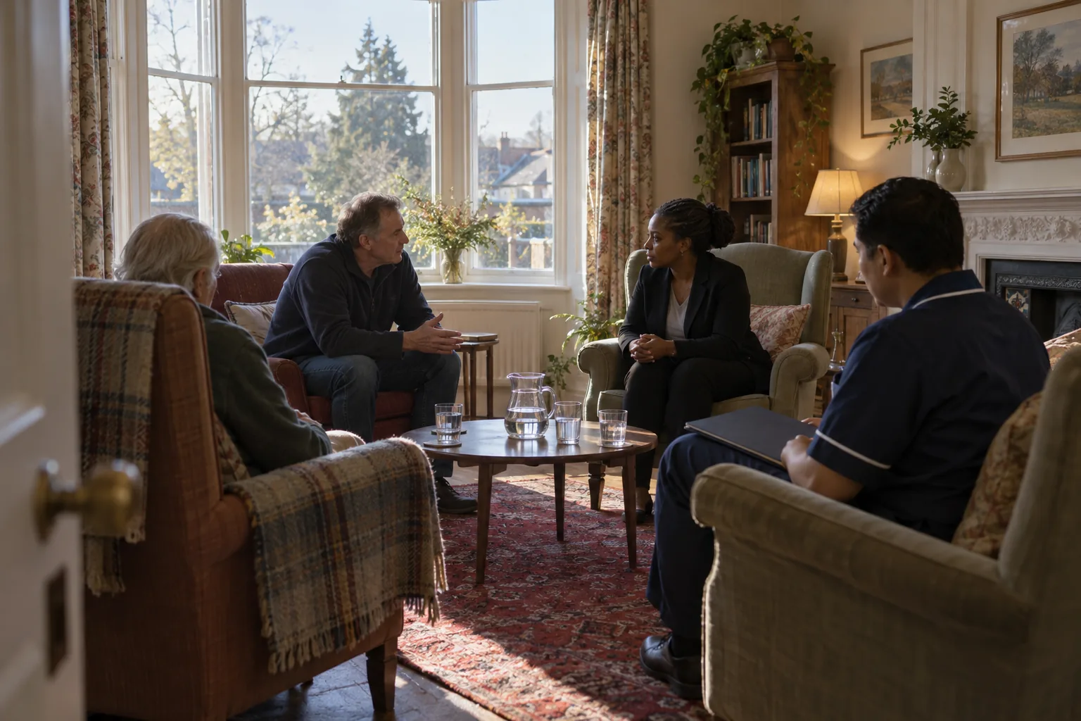 In the bay-windowed quiet room of a care home, a GP, a nurse and an older resident’s son talk through a decision about her care with the resident herself, seen from behind in the armchair nearest the door