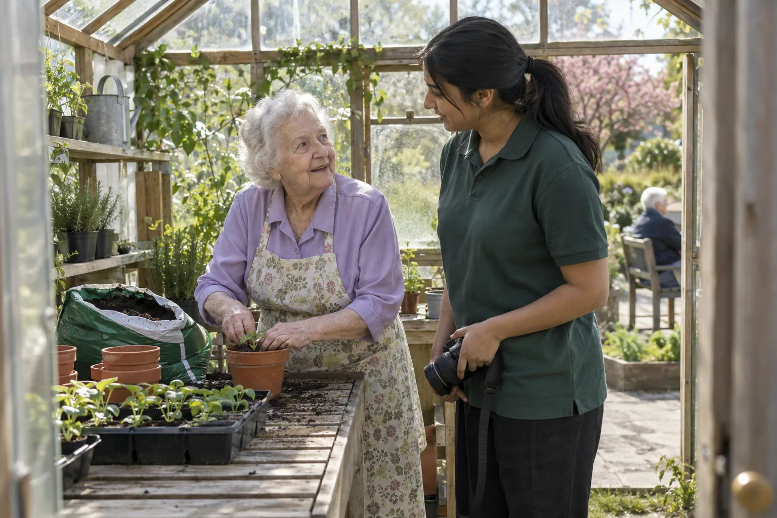 At a potting bench in a care home greenhouse, an activities coordinator holds a camera lowered at her side and asks an older woman whether she may photograph her seedlings