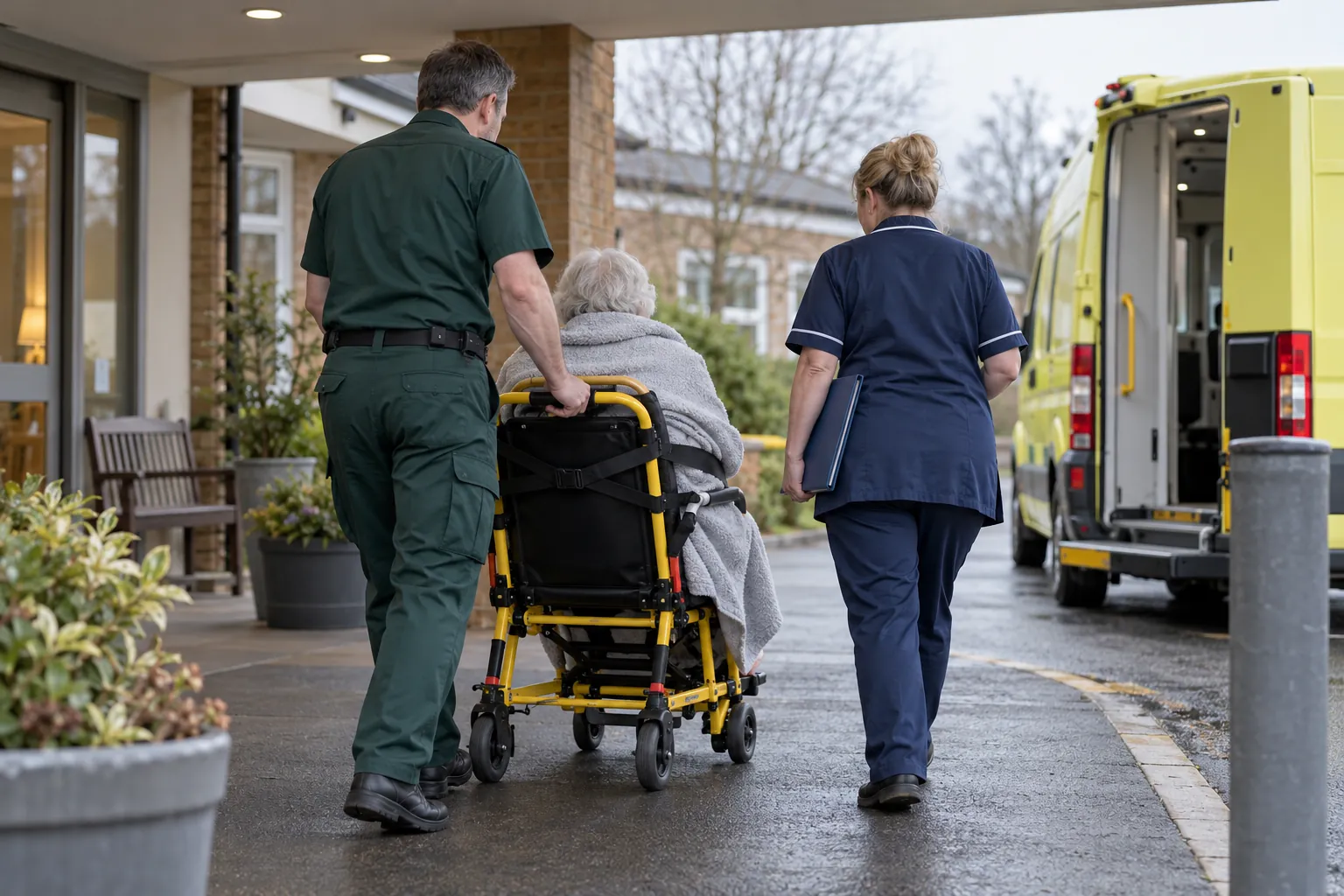 Under the entrance canopy of a care home on a grey afternoon, a paramedic and a senior carer in a navy tunic walk beside a resident, seen from behind and wrapped in a blanket on a carry chair, the carer holding a closed folder of transfer notes