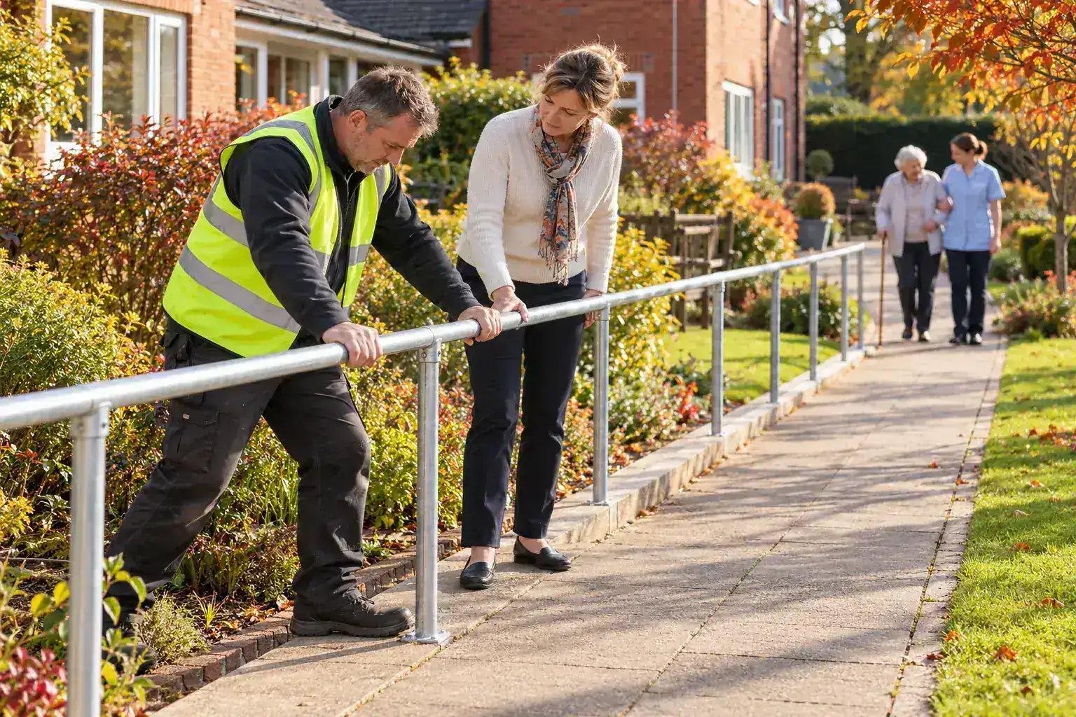In a care home garden on a bright autumn morning, a maintenance worker in a high-visibility vest and the deputy manager test a newly fitted handrail beside a sloping path, while further down the path a carer walks with a resident using a stick, out of focus