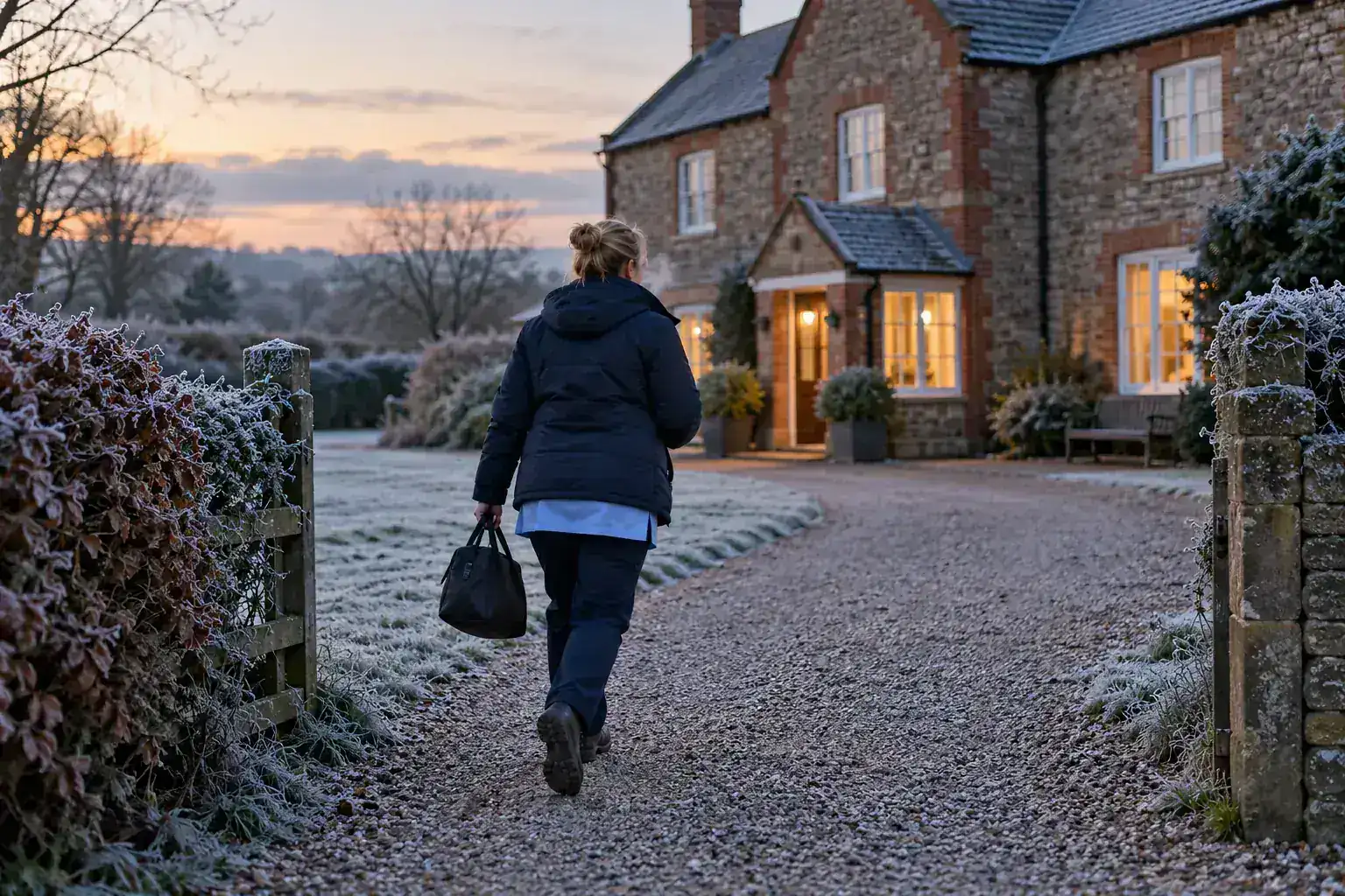 On a frosty winter dawn, a care worker in a padded coat over her tunic walks quickly up the gravel drive of a rural care home from the lane, the home's windows lit ahead of her