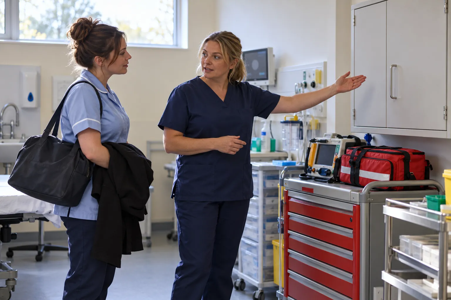 At the start of a late shift in a nursing home treatment room, the nurse in charge shows a newly arrived agency nurse, holdall still over her shoulder, where the emergency equipment is kept, afternoon light falling from a high window