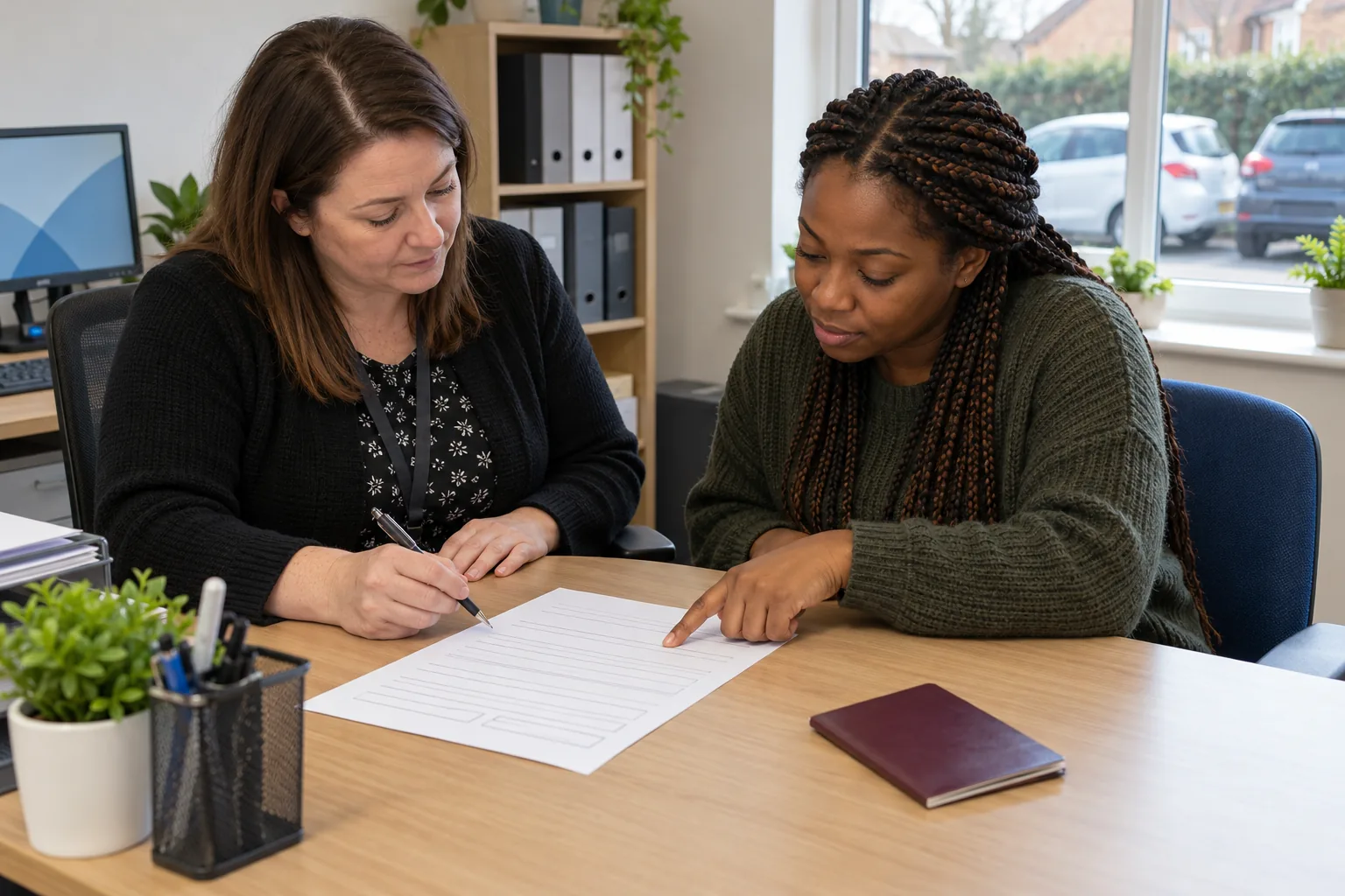 In the small office of a home care agency on a weekday morning, a recruitment coordinator and a newly recruited care worker sit side by side at a desk going through an employment history form, the worker pointing to a line while the coordinator listens, a passport lying face down beside them and the agency's small cars parked outside the window