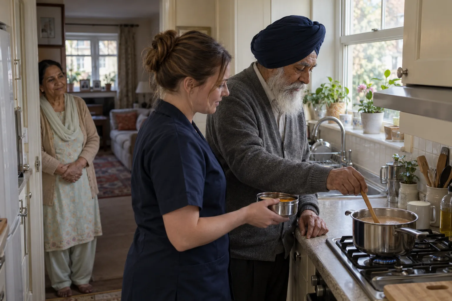 In the kitchen of his terraced house, an older Sikh man stirs a pan of tea at the hob while his home care worker stands beside him holding out the spices, his wife watching from the doorway in morning light