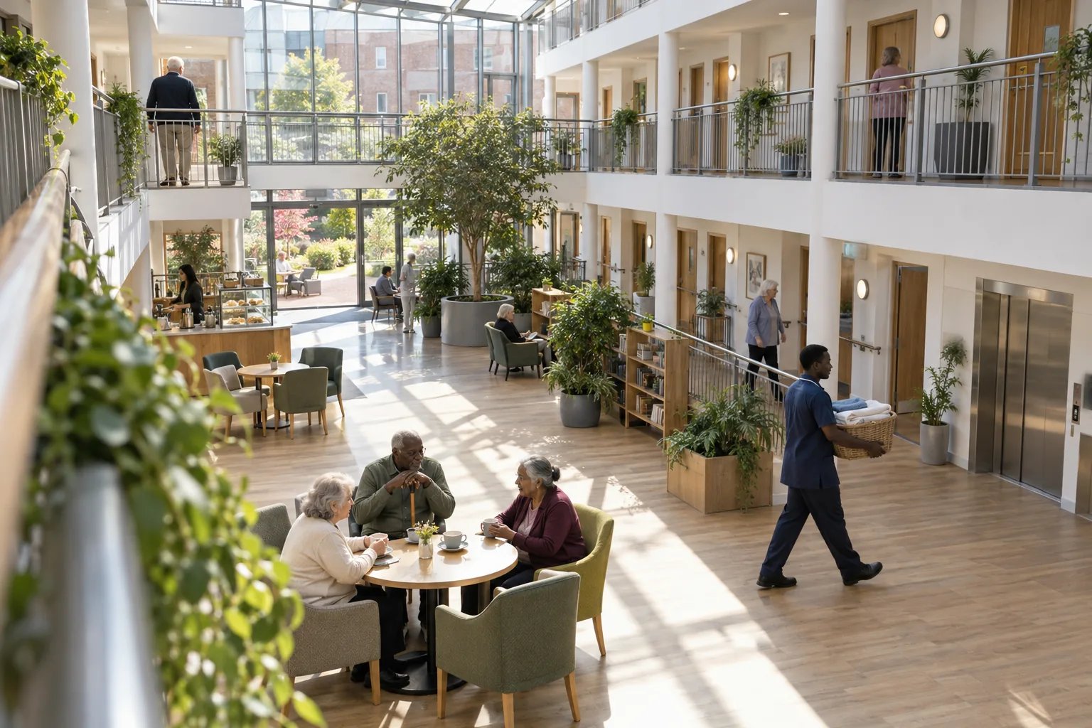 In the glazed atrium of an extra care housing scheme, a care worker carries a basket of laundry across the floor as tenants talk over tea beneath the balconies of their flats