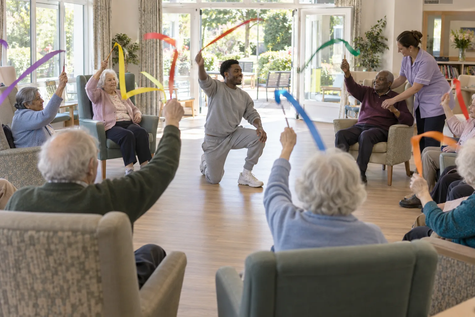 Day-service guests and residents follow a seated exercise class with coloured ribbons in a care home’s bright activity room, the instructor kneeling at the front of the circle