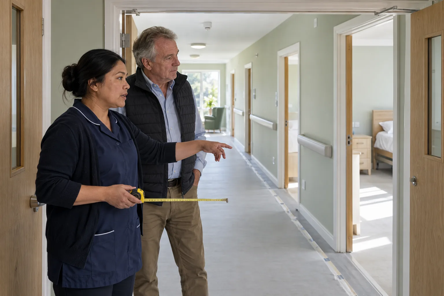 A registered manager and the provider’s director stand in the doorway of a newly finished ground-floor wing of a care home, a tape measure in her hand, freshly painted empty bedrooms along the corridor behind them