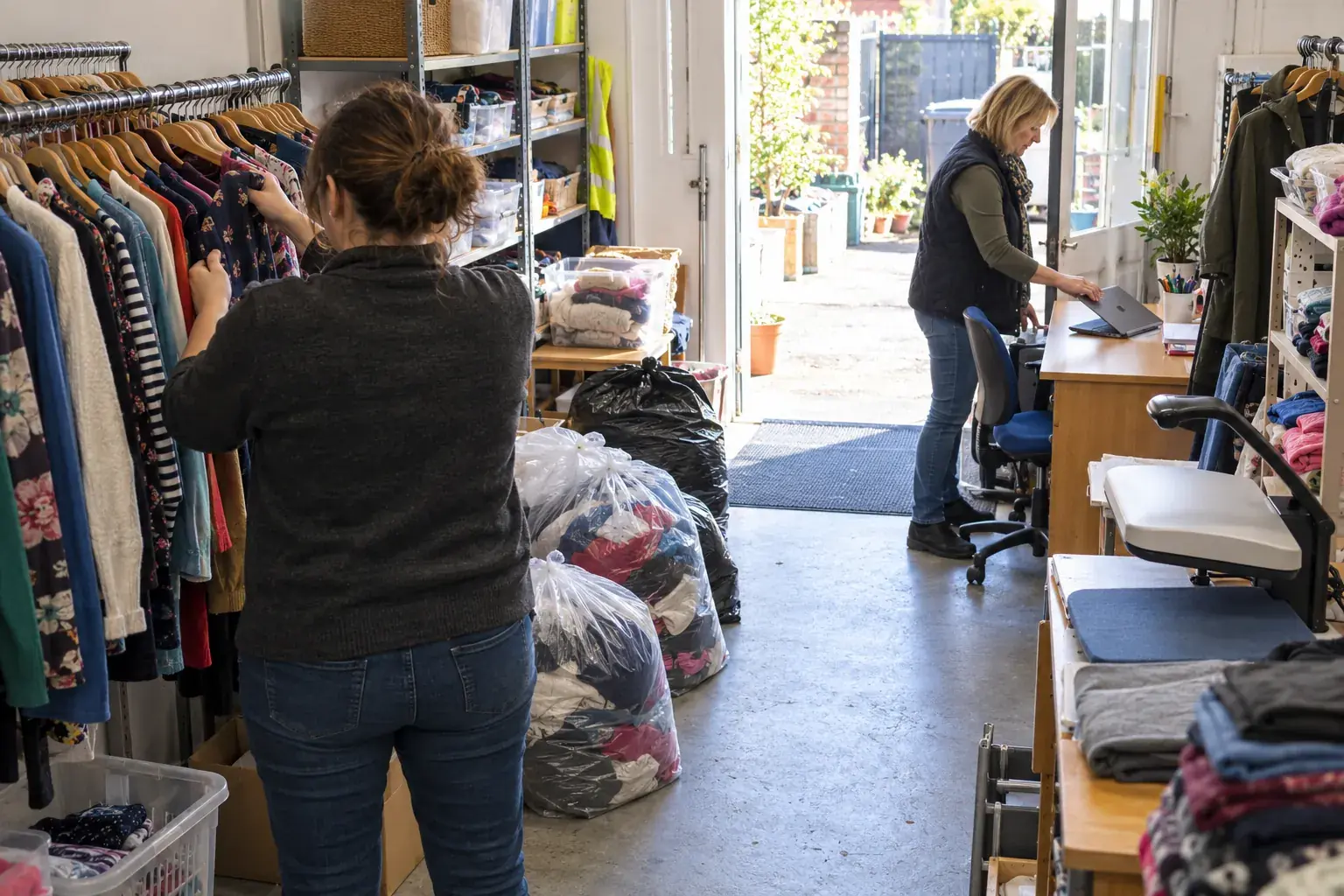 In the stockroom of a charity shop on a bright morning, a volunteer seen from behind sorts donation bags onto a rail while the shop manager, at a small desk by the open back door, closes the shop laptop before stepping away