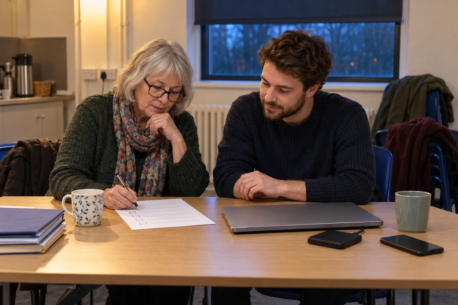 In the back office of a community centre on a winter evening, a trustee and the volunteer who looks after the charity's computers sit at a trestle table working through a printed checklist, a laptop closed between them and a phone face down, coats over the chairs and a radiator under the window