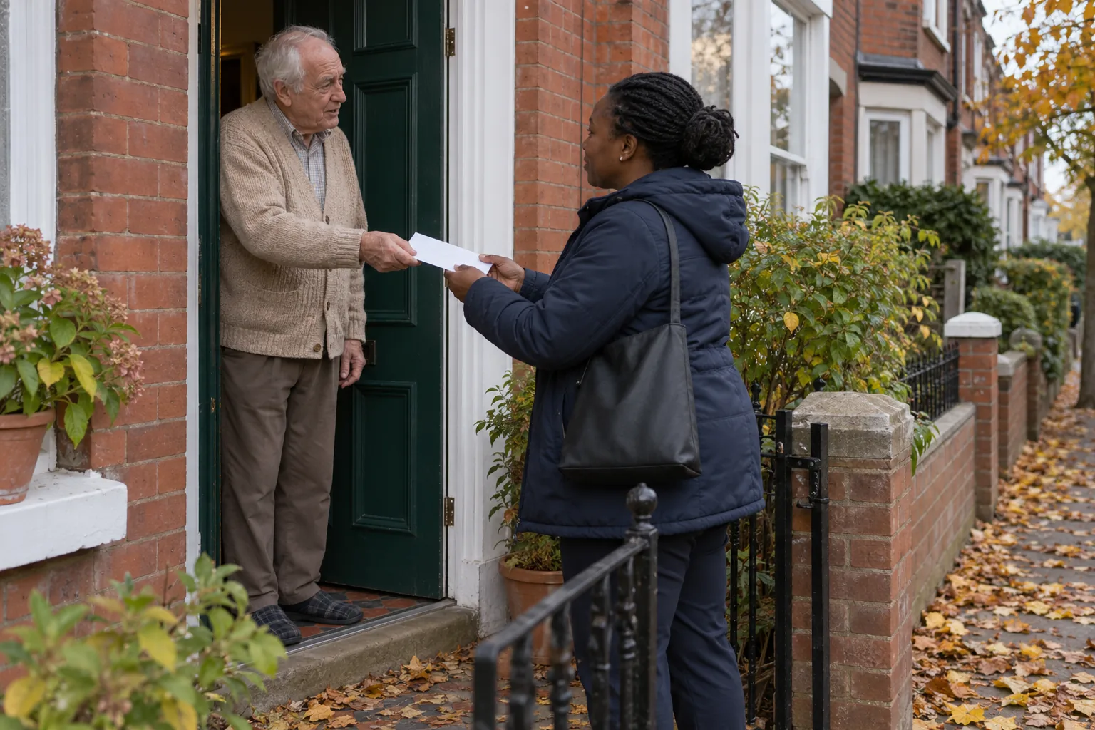 A home care coordinator takes back a sealed envelope from a neighbour on the doorstep of a terraced house where it was wrongly delivered, autumn leaves on the step