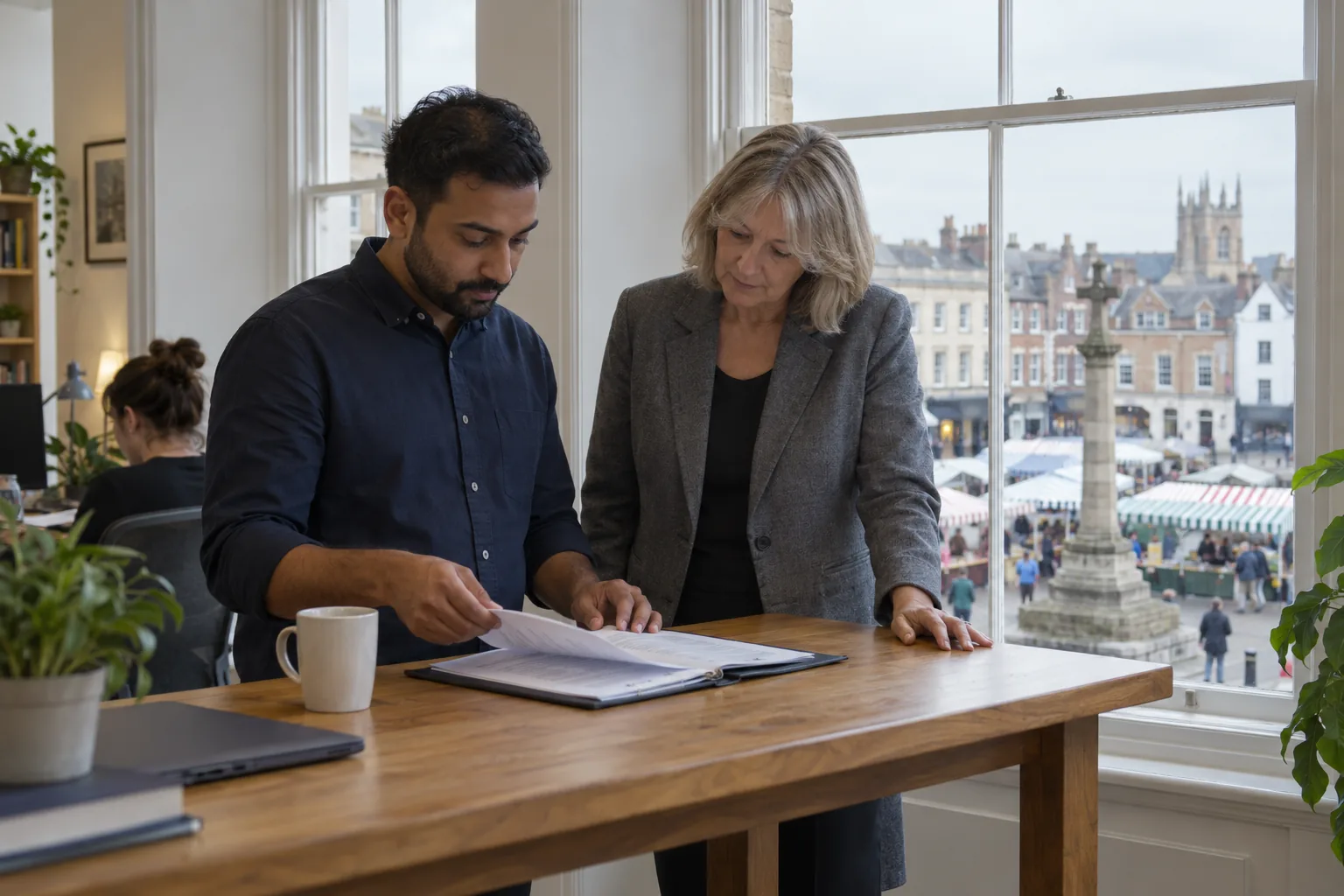 A charity’s data protection lead talks through a printed incident log with the chief executive at a high table by a tall window overlooking a market square on a grey morning
