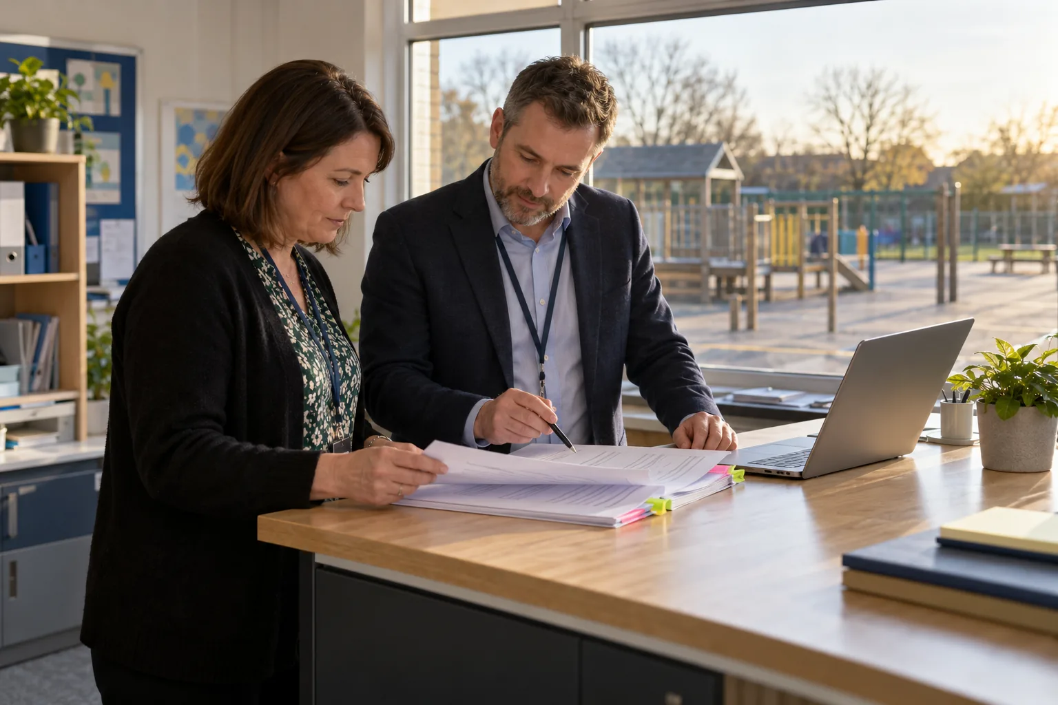 In a primary school office after the pupils have gone home, the school business manager and the trust's data protection officer stand at a high counter going through a supplier's printed agreement marked with coloured sticky flags, a laptop angled away beside them and an empty playground in low sun through the window