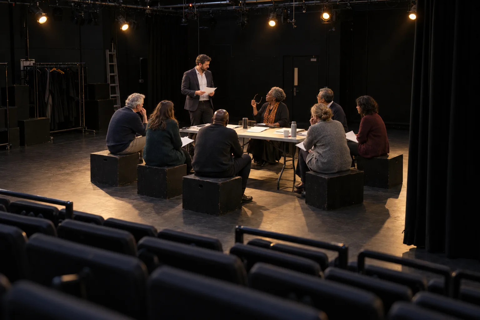 Seen from the back of a secondary school drama studio under low house lights, a data protection officer stands to answer a question from governors seated on black staging blocks during an evening board meeting