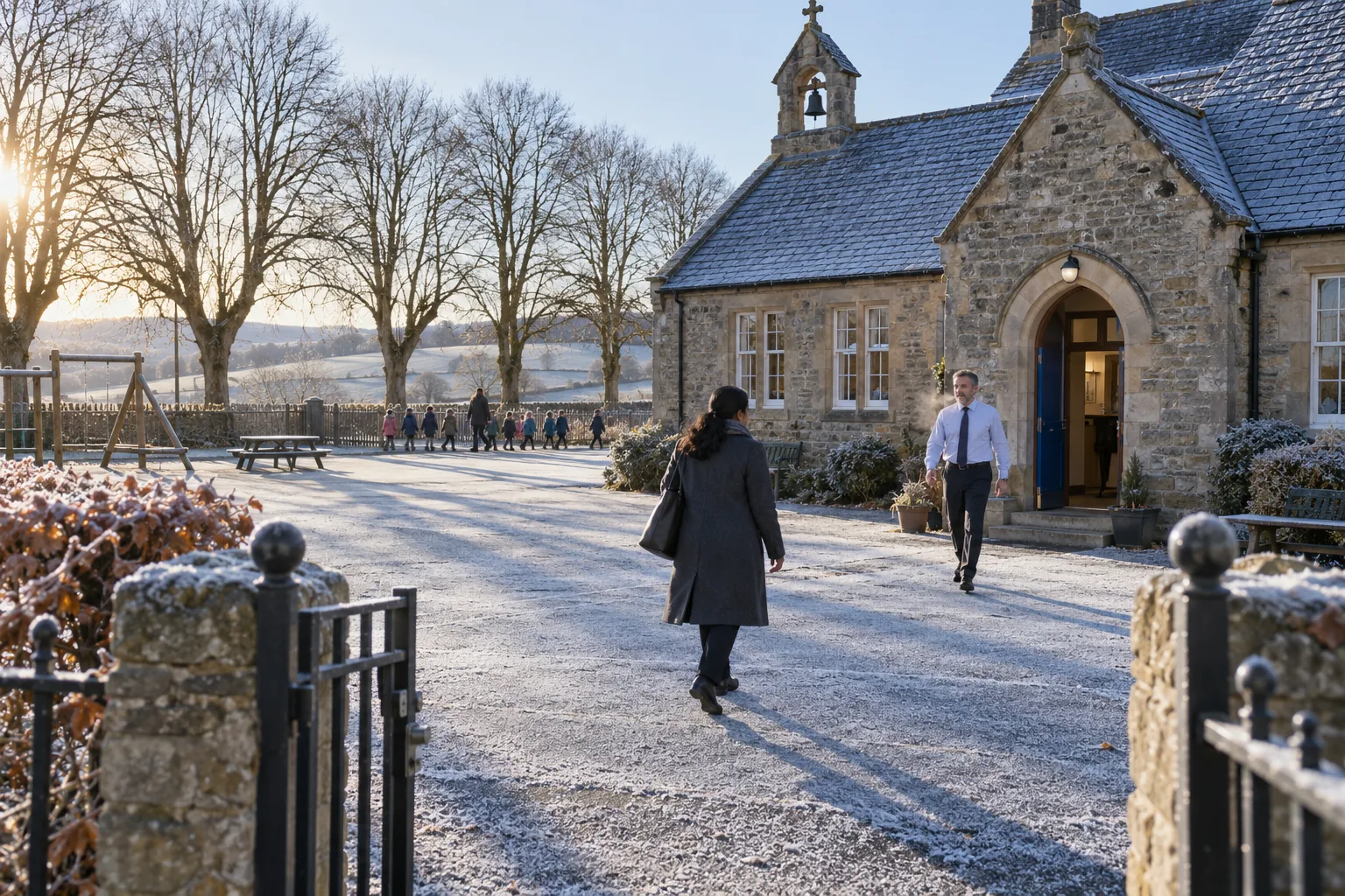 A visiting data protection officer in a wool coat crosses the frosty playground of a small rural primary school towards the main door, the headteacher stepping out to meet her, a line of children distant and out of focus behind