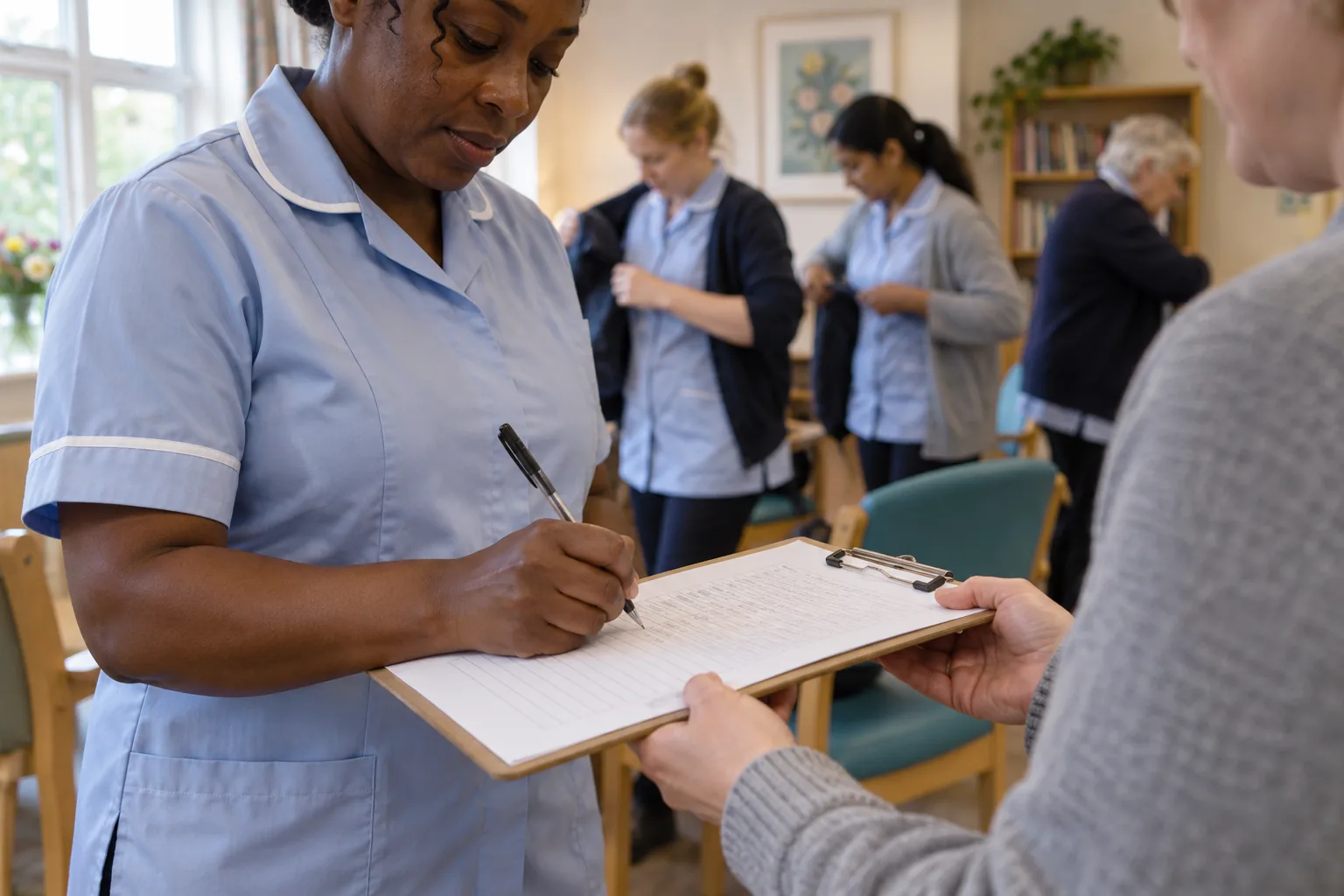 Close view of a care assistant signing a training attendance sheet on a clipboard held out by the trainer at the end of a session, colleagues in tunics out of focus behind