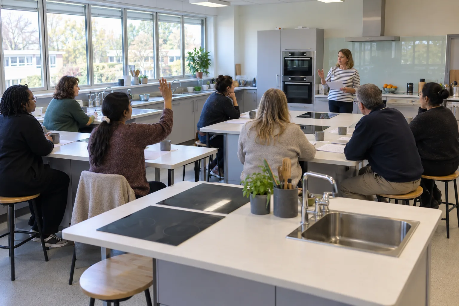 On a training day, a school business manager runs a data protection refresher for teaching assistants and office staff seated on stools around the cooking benches of a food technology room