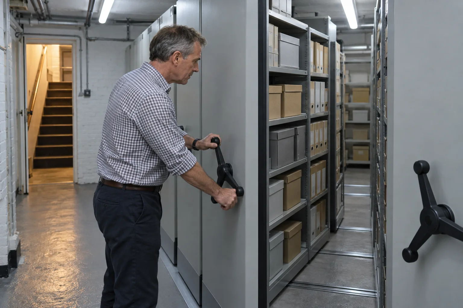 A charity office manager turns the handle of mobile shelving in a basement records store