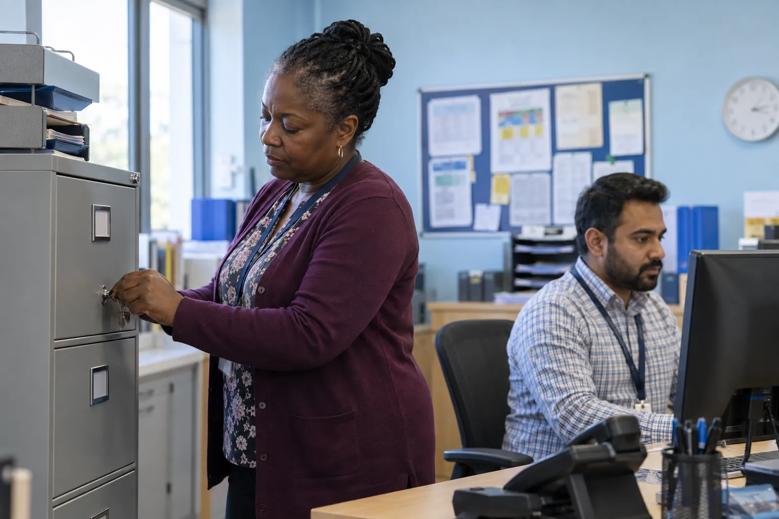 A school office manager files a paper record in a locked cabinet while a colleague checks a register on screen