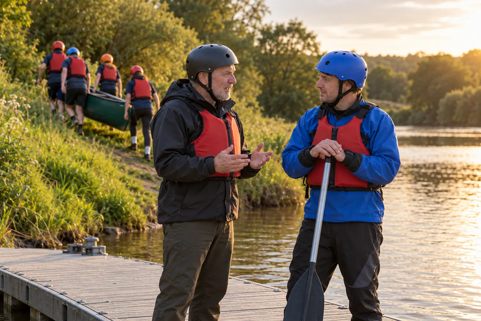 On a river pontoon on a summer evening, a youth charity's safeguarding lead talks with a volunteer paddling instructor while teenagers in buoyancy aids and helmets, faces turned away, carry a canoe up the bank behind them