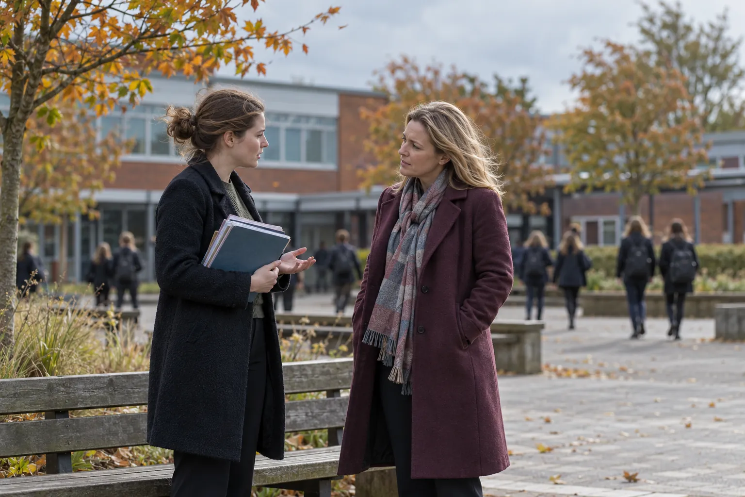 On a blustery autumn morning in the open quad of a secondary school, a designated safeguarding lead in a long wool coat stops beside a bench to listen as a young teacher holding a stack of exercise books tells her something quietly, pupils crossing far behind and out of focus